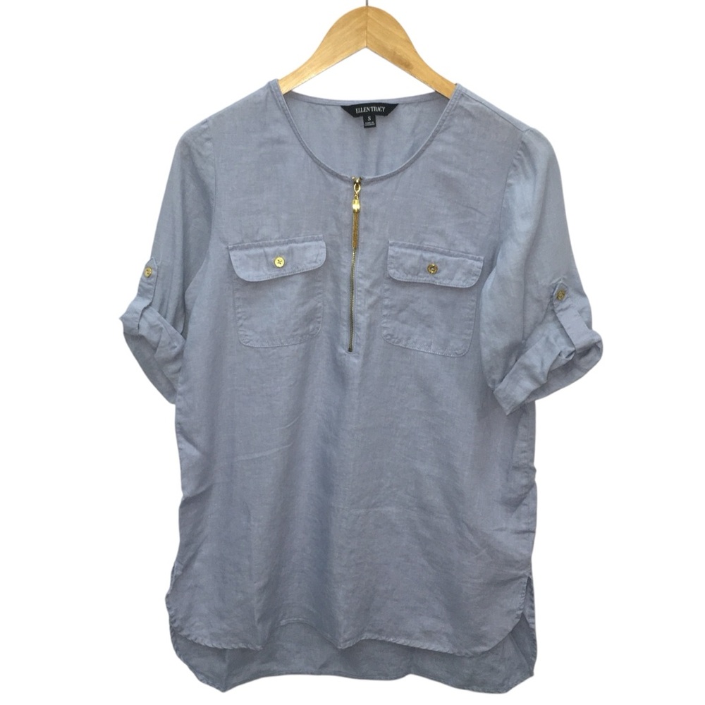Ellen Tracy 100% Linen Blue Tunic Top Shirt - Women’s Small